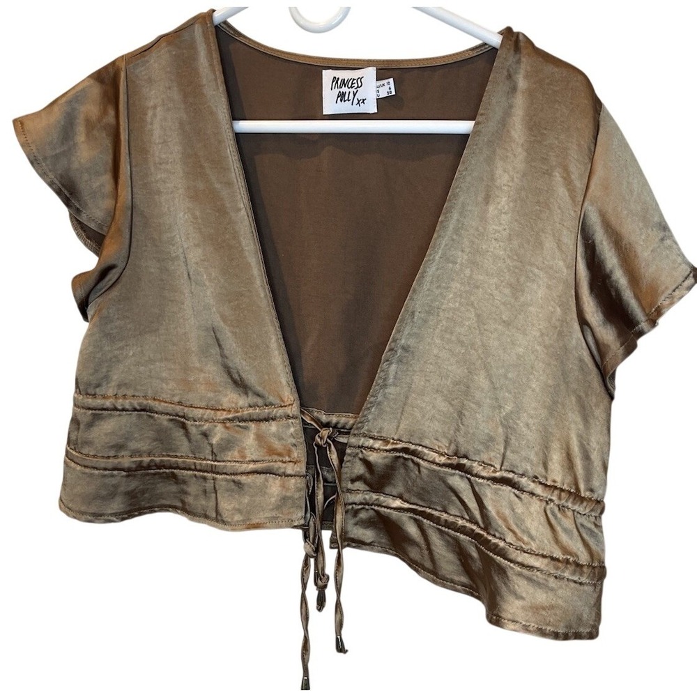 Princess Polly Jamison Reid Womens Size 6 Bronze Satin Tie Front Crop Blouse
